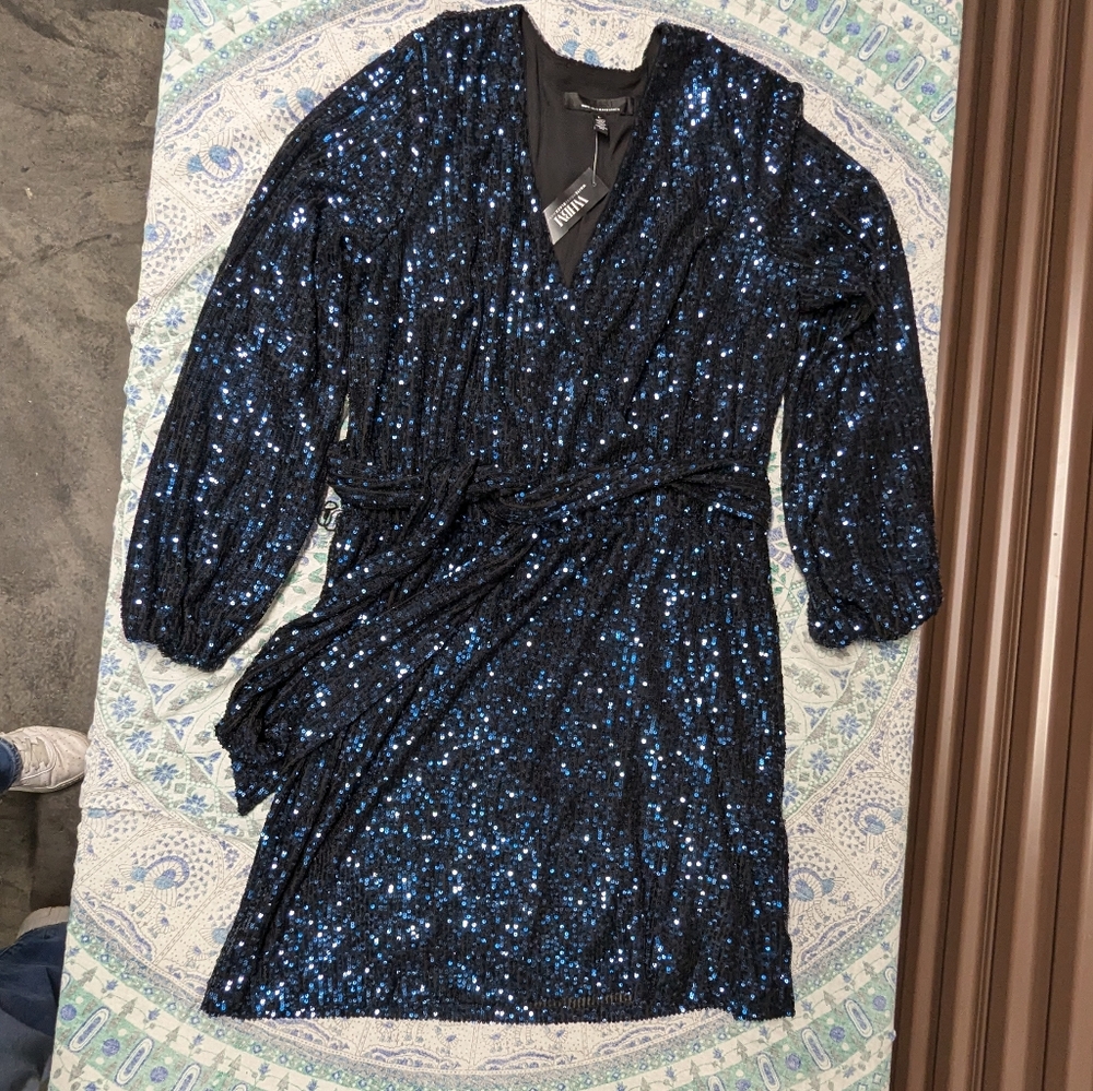 Old Hollywood Glam Blue Sequin Cocktail Party Long Sleeve Blouson Mini Dress - Picture 5 of 12